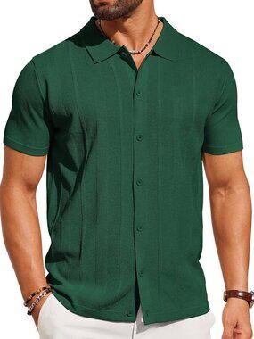 Men's Green Knit Short Sleeve Button Down Polo premium lightweight Shirt